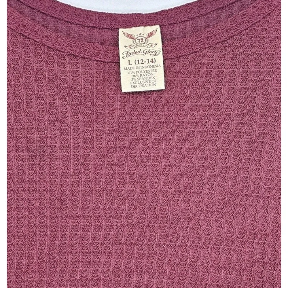 Faded‎ Glory Large 12-14 top Burgundy lace trim scoop neck stretch long sleeve